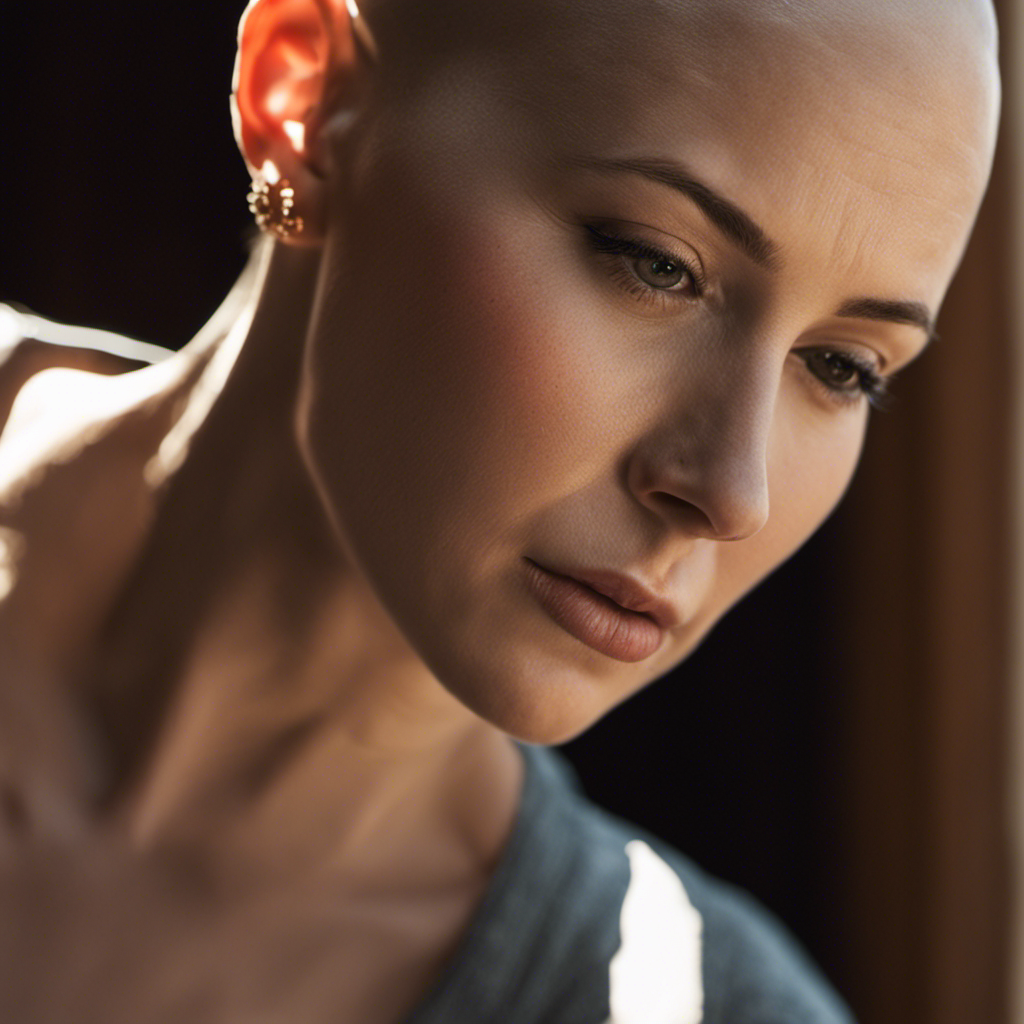 -up image of Amanda, wearing a concerned expression, gently touching her freshly shaved head
