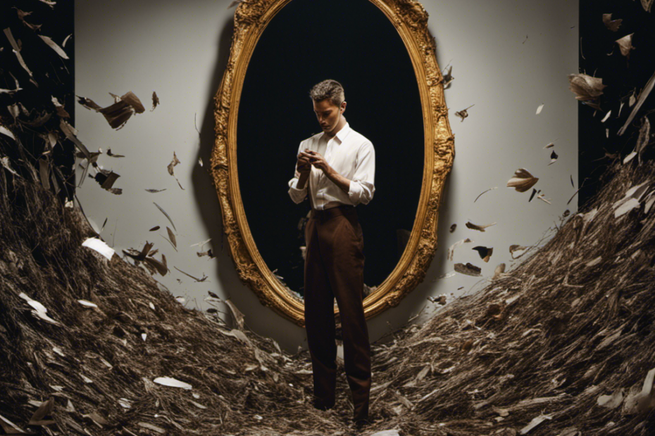 An image depicting a mirror reflection of a person standing in a dimly lit room, their face filled with contemplation as they hold a razor to their head, surrounded by discarded hair clippings