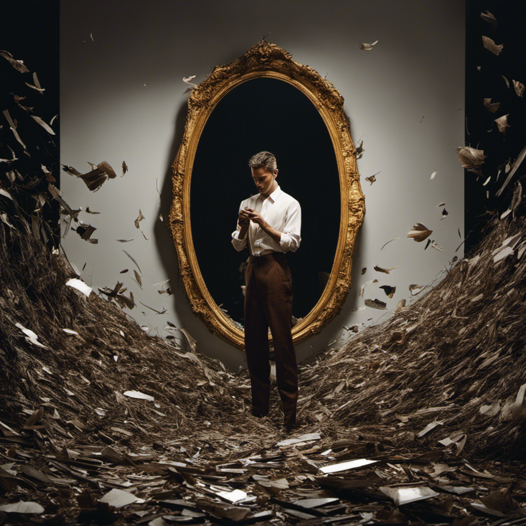 An image depicting a mirror reflection of a person standing in a dimly lit room, their face filled with contemplation as they hold a razor to their head, surrounded by discarded hair clippings
