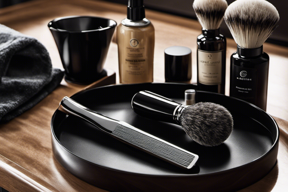 An image showcasing an array of top-notch grooming essentials: a sleek, chrome razor gliding effortlessly across a freshly shaven head, accompanied by a shaving brush, shaving cream, aftershave balm, and a luxurious towel