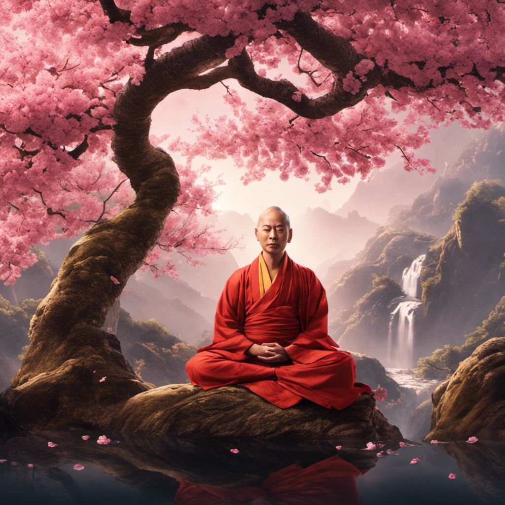 An image showcasing a serene Buddhist practitioner, dressed in traditional robes, meditating beneath a blossoming cherry tree, with their unshaven head symbolizing a unique path to enlightenment