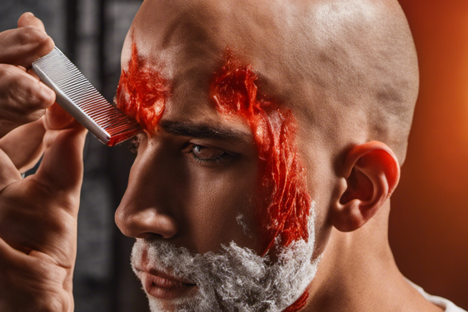 An image that shows a person with a fiery red sunburn on their scalp, a razor in hand, hesitating to shave their head