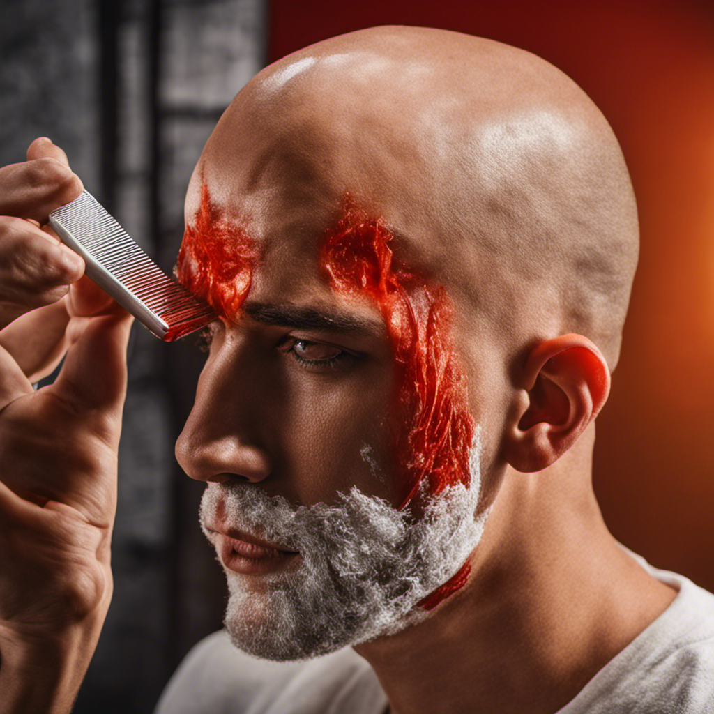 An image that shows a person with a fiery red sunburn on their scalp, a razor in hand, hesitating to shave their head