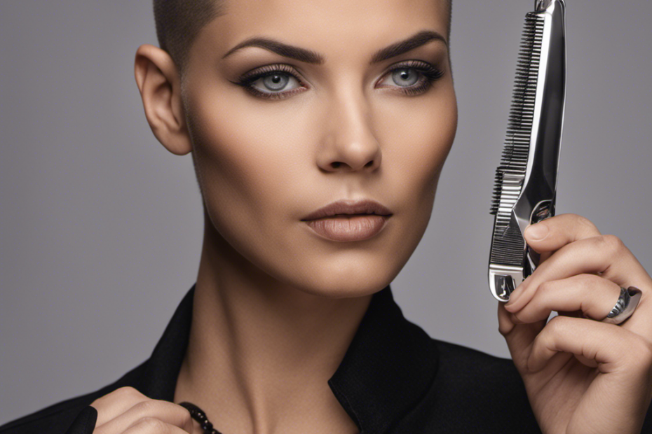 -up shot of a confident woman with a shaved head holding a brand-new pair of sleek, silver clippers, her fingers gently caressing the sharp blades, as she looks determinedly into the camera