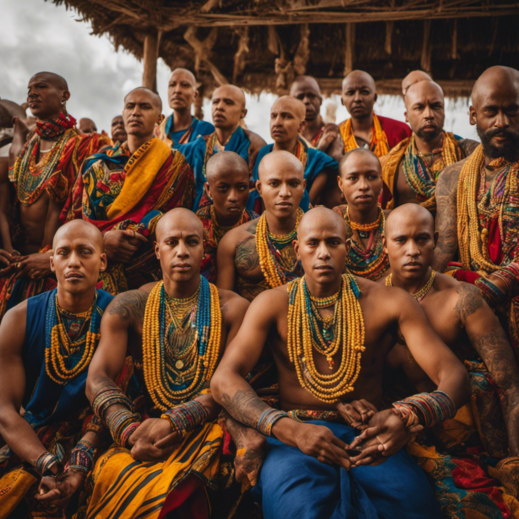 Depict a vibrant image capturing the rich cultural tradition of head shaving, showcasing a diverse group of individuals from different backgrounds, adorned in vibrant attire, engaging in this sacred practice with reverence and pride