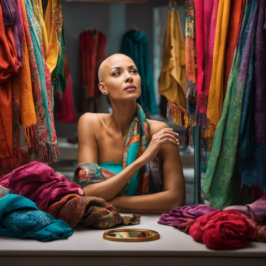 An image capturing a woman with a serene expression, sitting in front of a mirror adorned with a collection of colorful scarves