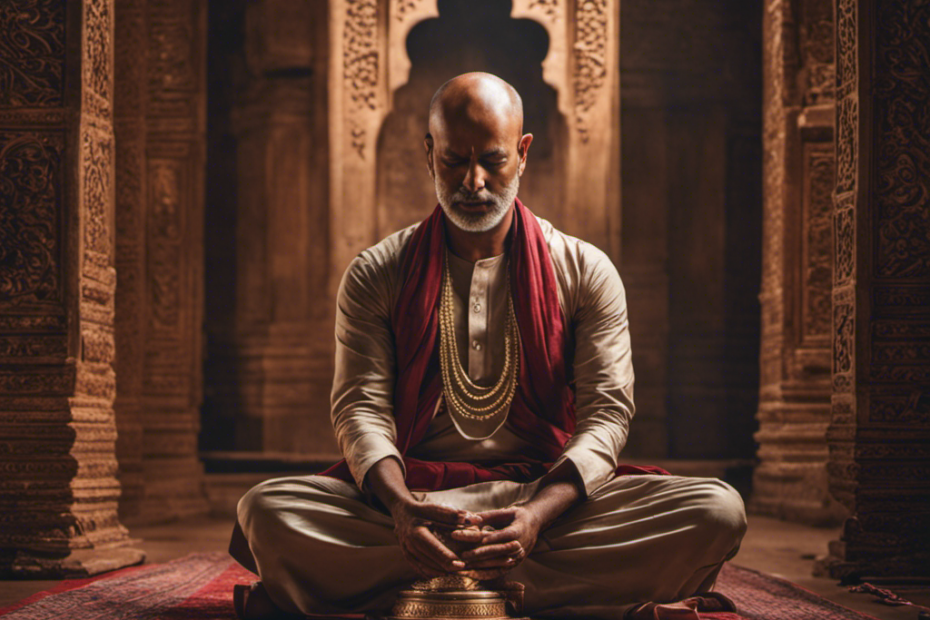 An image of an Indian man in traditional attire, sitting cross-legged on the floor with closed eyes, hands clasped in prayer, surrounded by a serene atmosphere