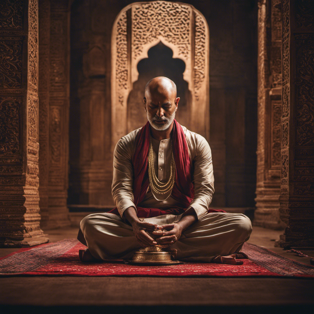 An image of an Indian man in traditional attire, sitting cross-legged on the floor with closed eyes, hands clasped in prayer, surrounded by a serene atmosphere