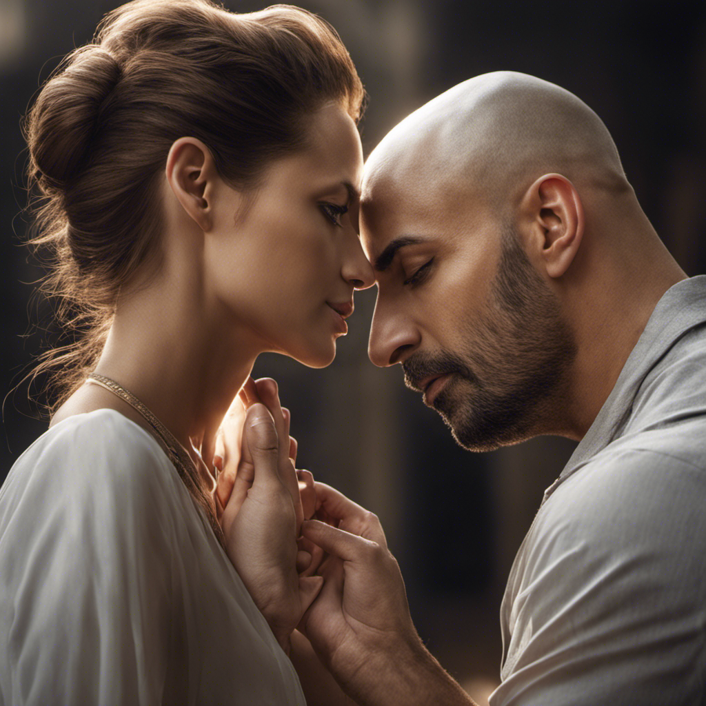 An image showcasing a woman gently running her fingers over a smooth-shaven head of a man, highlighting the serene expression on her face and the tactile connection between them