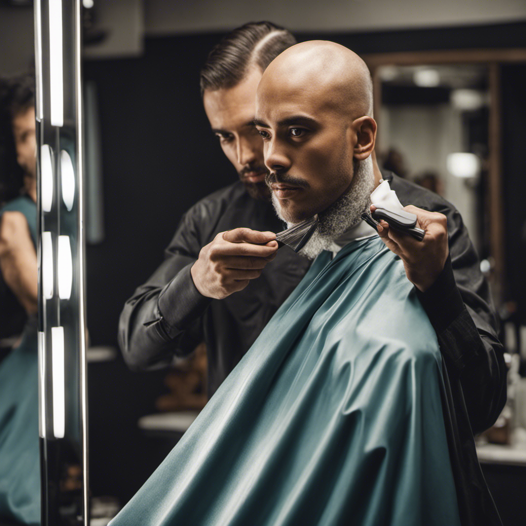 An image featuring a person confidently shaving their head, with a barber's cape draped around their shoulders