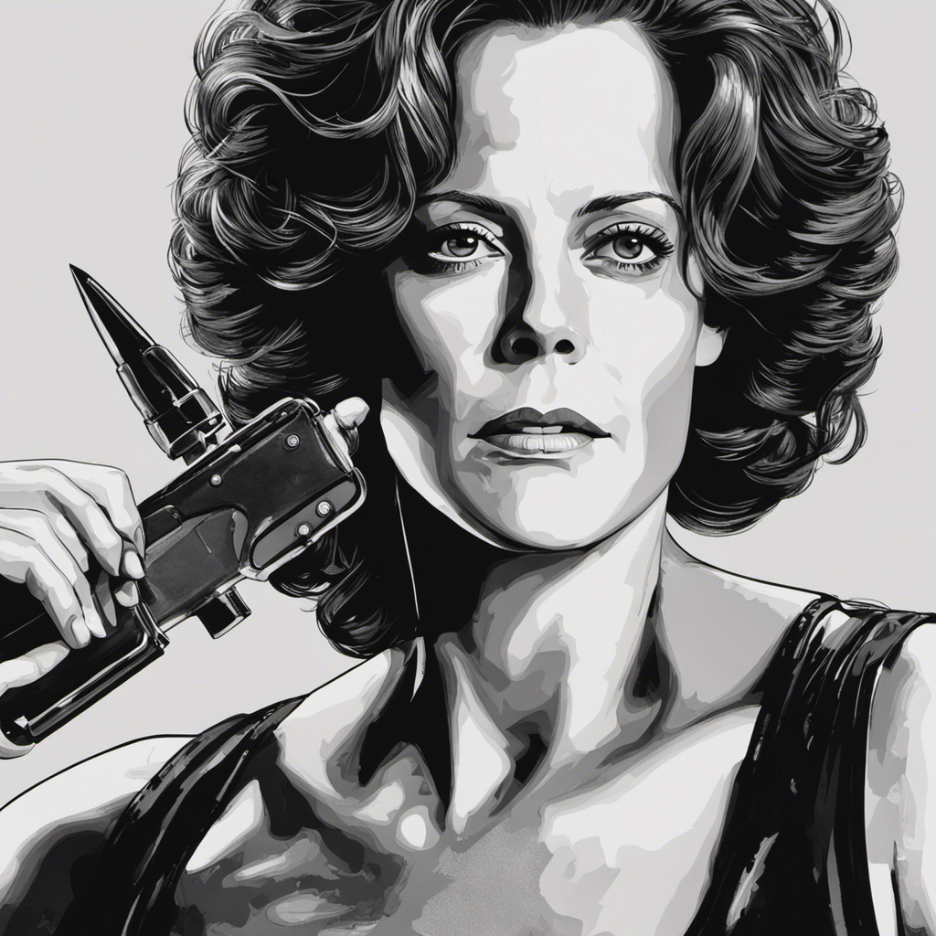 An image capturing the moment when Sigourney Weaver, with determination in her eyes, holds a razor against her flowing locks, ready to shave her head, alluding to the iconic scene from a 1990s film