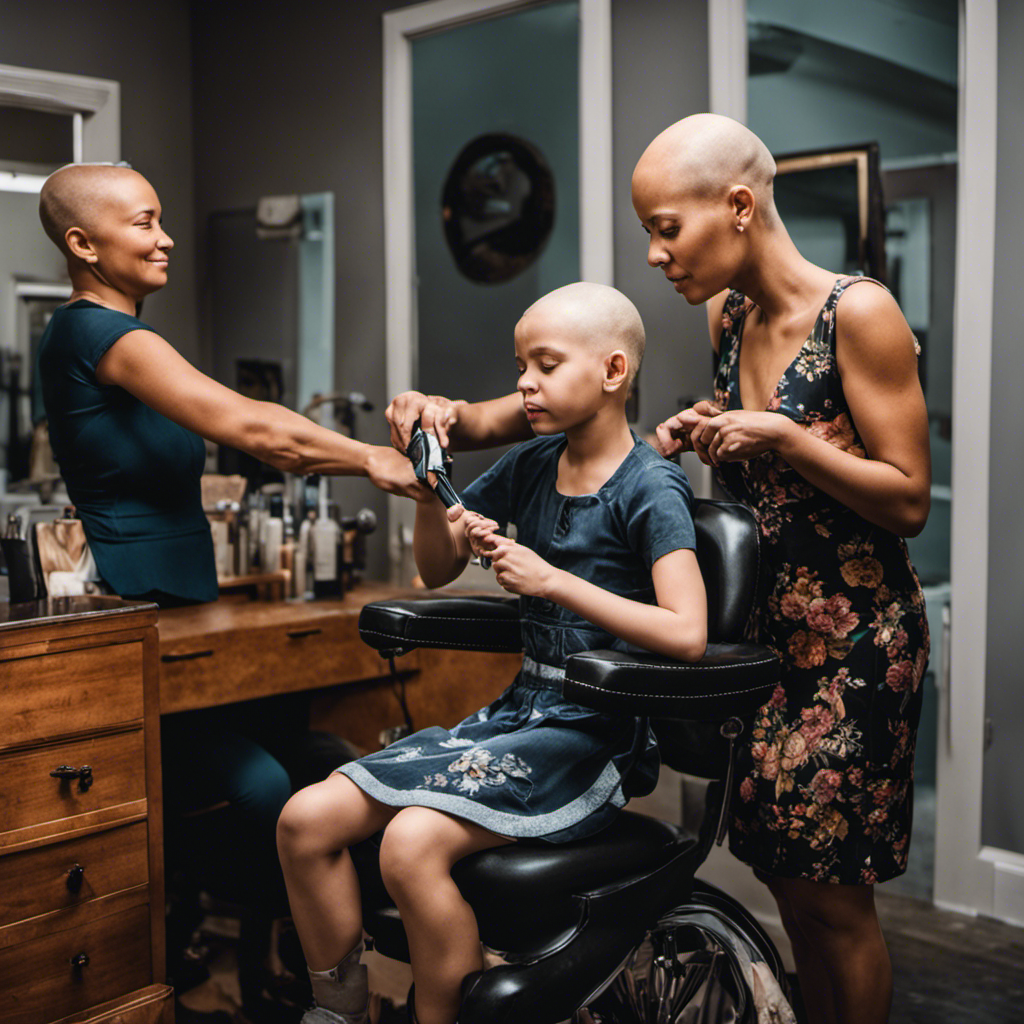 An image capturing the transformative moment: a tearful girl with cancer bravely seated on a chair, surrounded by her supportive mother and a hairdresser, gently shaving her head, symbolizing resilience, unity, and empowerment
