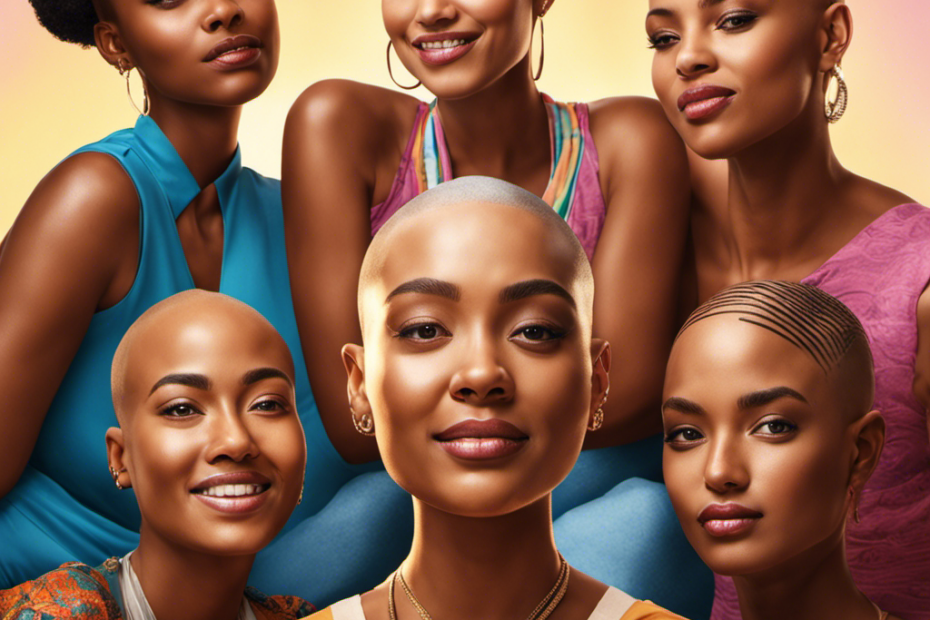 An image capturing the empowering essence of the "Girls Who Shave Their Head" meme: a diverse group of confident women embracing their vulnerability, their freshly shaved heads glistening under the warm sunlight