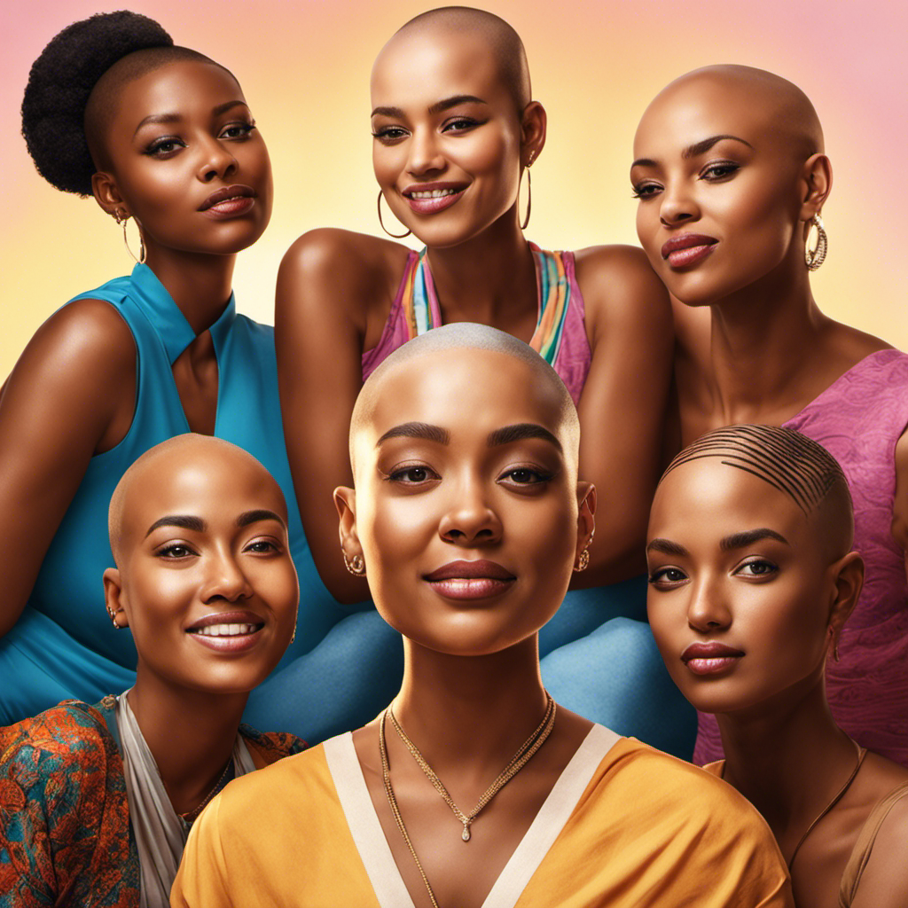 An image capturing the empowering essence of the "Girls Who Shave Their Head" meme: a diverse group of confident women embracing their vulnerability, their freshly shaved heads glistening under the warm sunlight