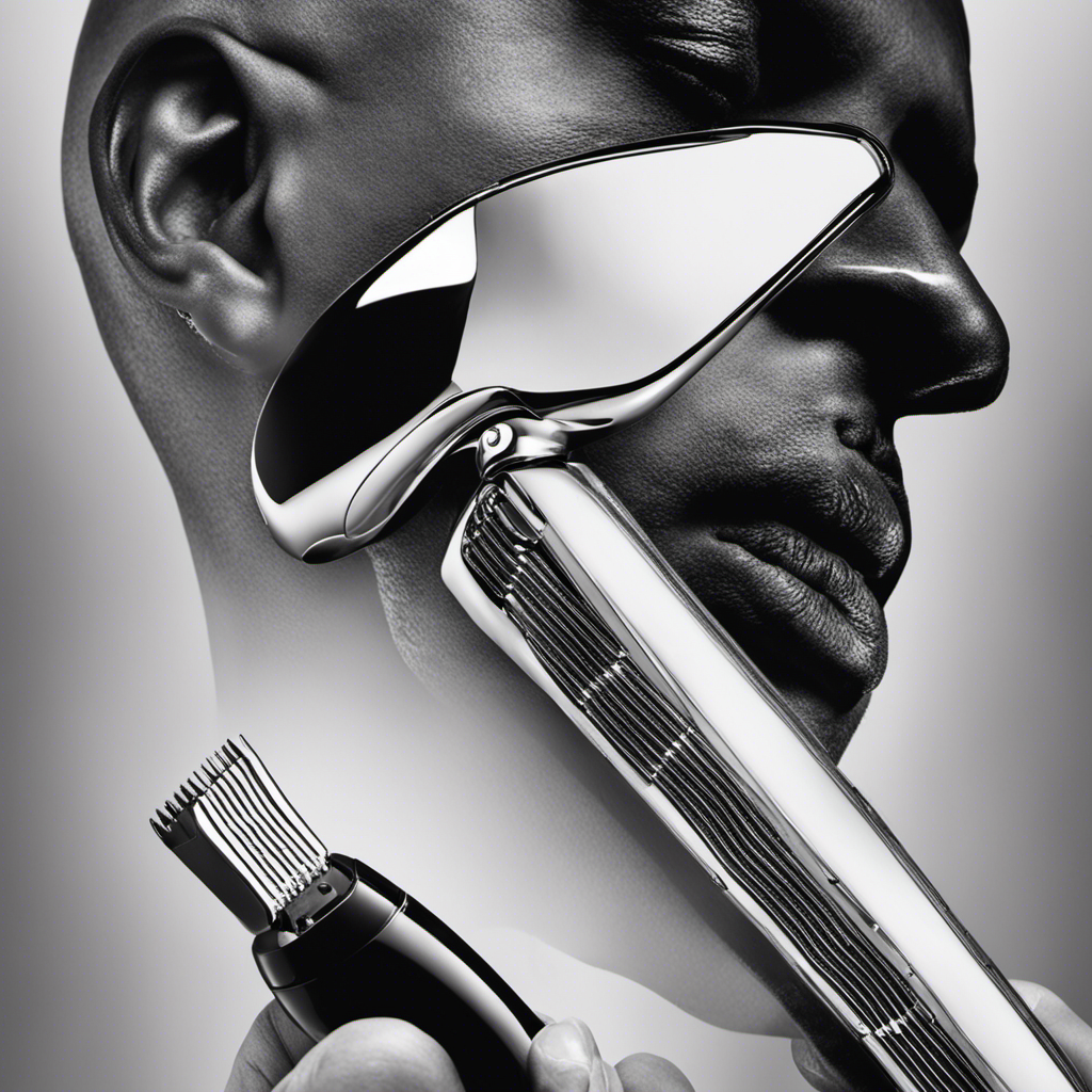 An image showcasing a close-up of a person's hand holding an electric razor, poised above a reflection of their bald head