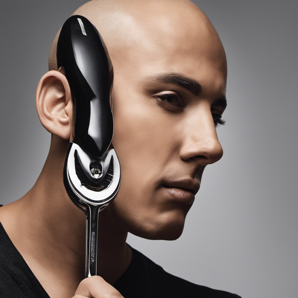 An image showcasing a close-up of a freshly shaved head, with a sleek, glimmering razor held in hand