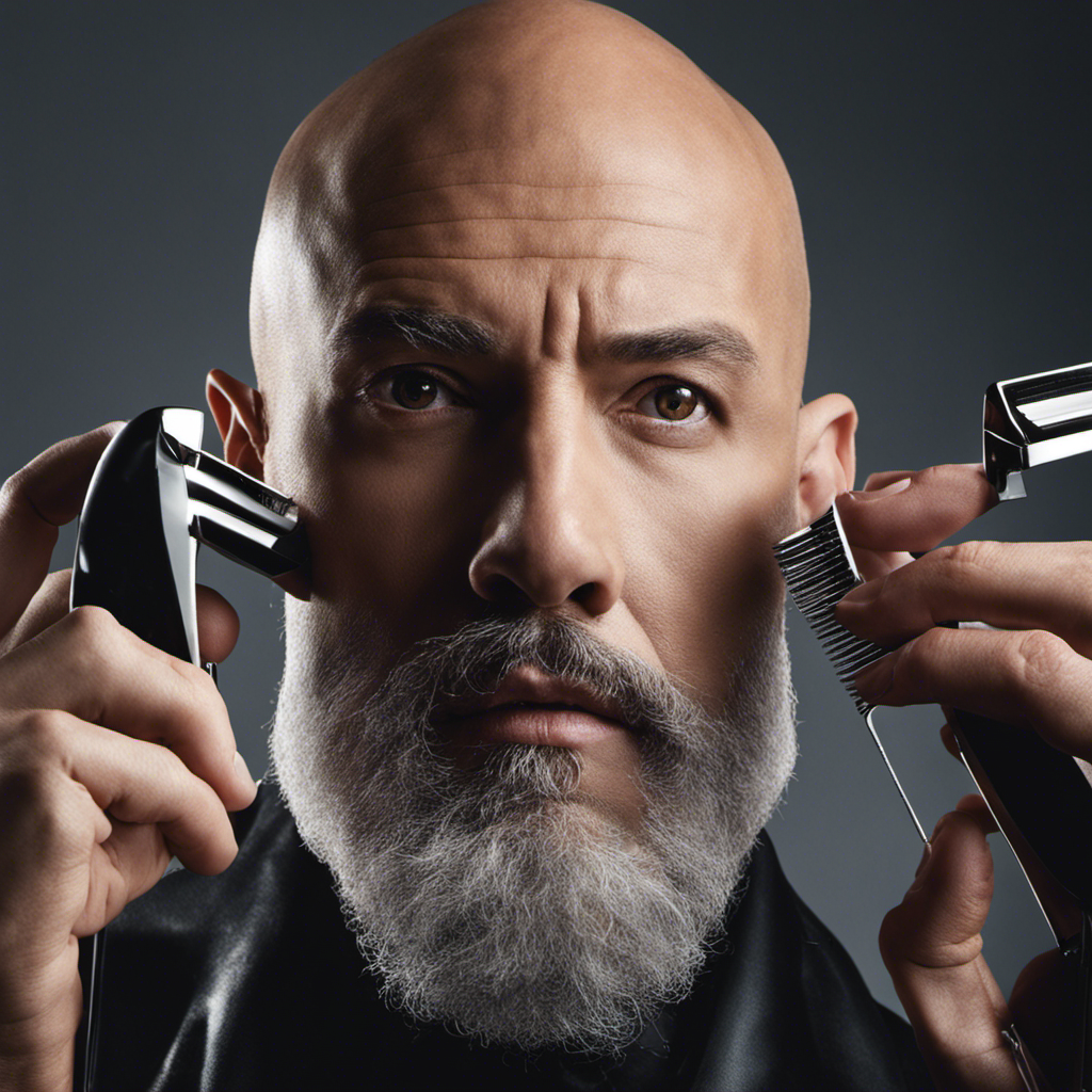 An image capturing a close-up view of a bald man's head, reflected in a gleaming, handheld razor