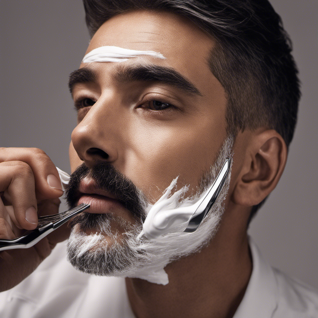 An image of a man holding a slant head razor at a 45-degree angle, gliding it smoothly along his cheekbone