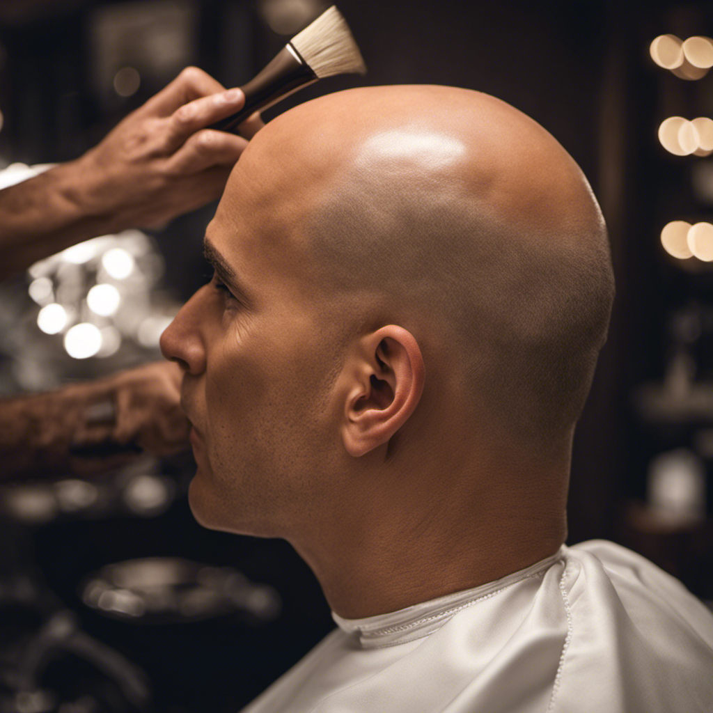 An image showcasing a bald head being gently lathered with a rich, creamy shaving cream