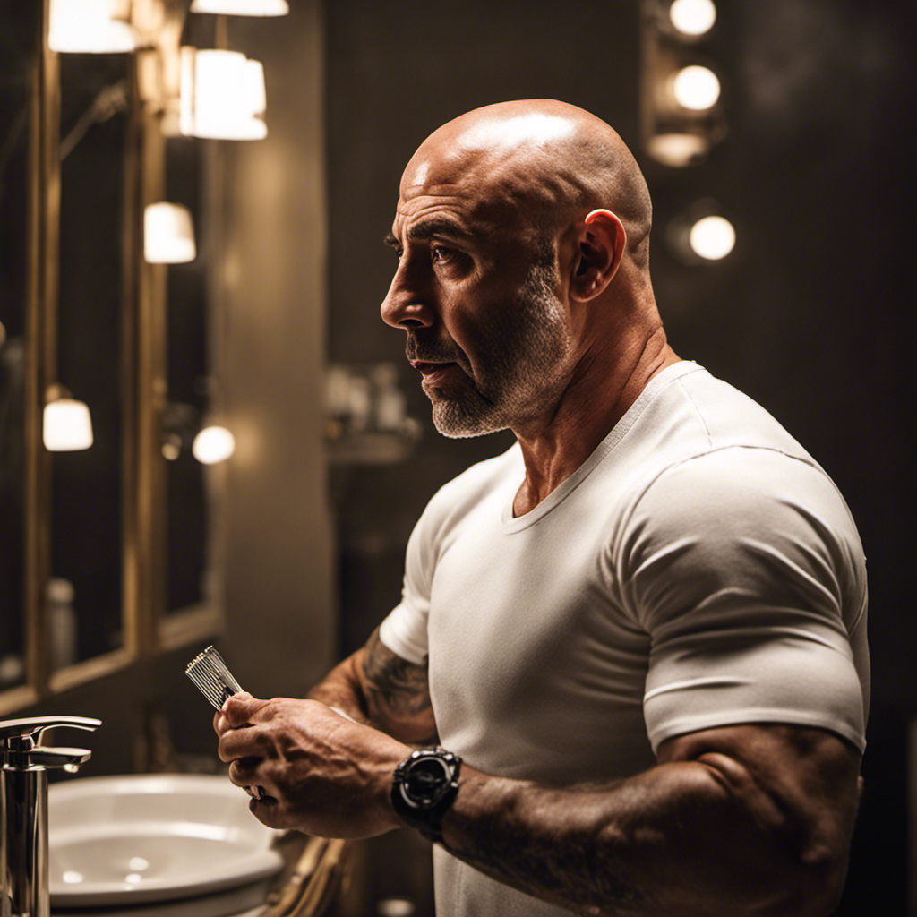 An image capturing Joe Rogan's grooming routine: a close-up shot of a gleaming razor gliding along his scalp, reflecting the warm bathroom light, while a subtle trail of lather follows its path
