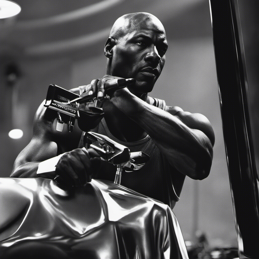 An image showcasing a close-up view of Michael Jordan's reflection in a mirror as he carefully shaves his head with a sleek, silver electric razor, capturing the precise motion and focused determination on his face