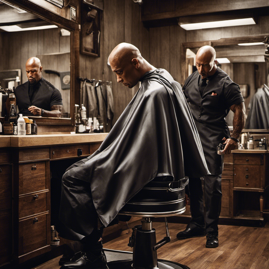 An image showcasing The Rock's head-shaving process: Rock, sitting in a barber's chair, with a cape draped over him
