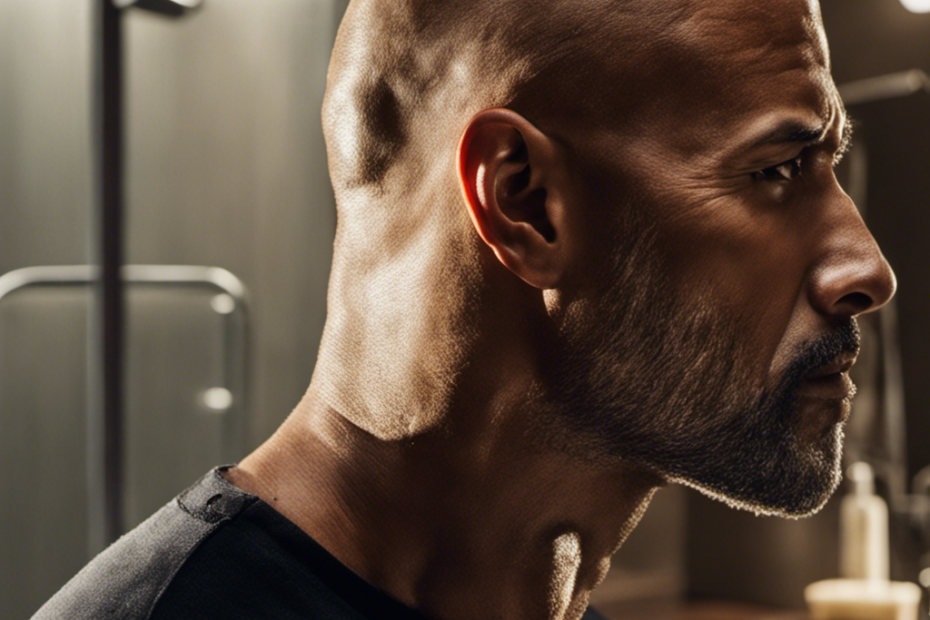 An image showcasing The Rock's morning ritual of shaving his head: sunlight streaming through a bathroom window, an electric razor buzzing, and tiny clumps of hair falling, capturing the essence of his grooming routine