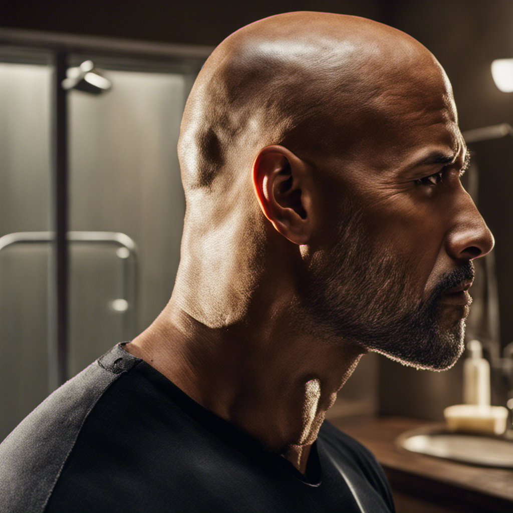 An image showcasing The Rock's morning ritual of shaving his head: sunlight streaming through a bathroom window, an electric razor buzzing, and tiny clumps of hair falling, capturing the essence of his grooming routine