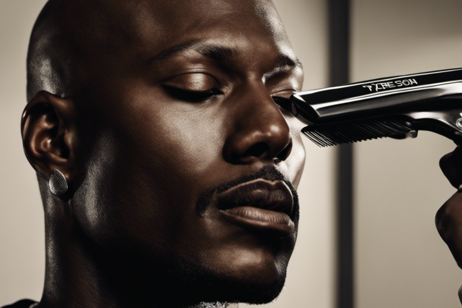 An image showcasing Tyrese Gibson's head, captured from a low angle, with a close-up view of him expertly using a razor to shave his smooth scalp, surrounded by a gleaming bathroom countertop and a mirror reflecting his focused expression