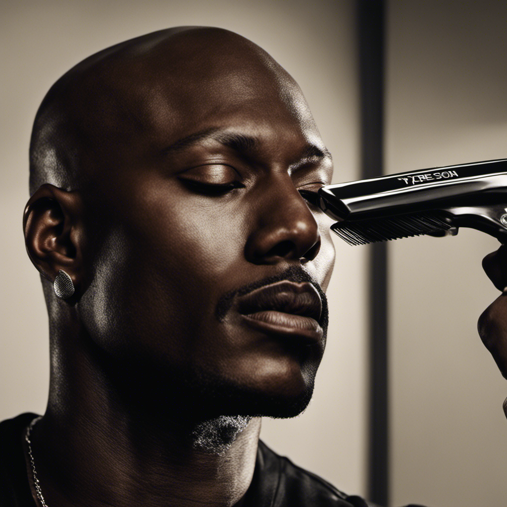 An image showcasing Tyrese Gibson's head, captured from a low angle, with a close-up view of him expertly using a razor to shave his smooth scalp, surrounded by a gleaming bathroom countertop and a mirror reflecting his focused expression