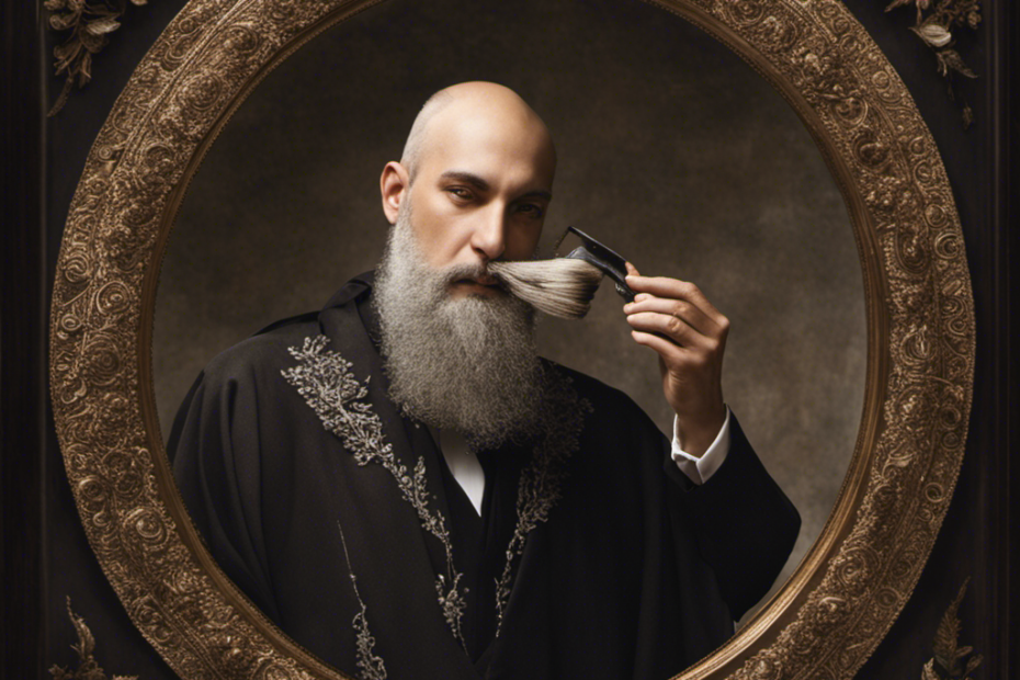 An image showcasing the meticulous process of a Hasidic man shaving his head, capturing the glinting razor, precise strokes, and the reverent concentration on his face, all framed by a halo of discarded hair