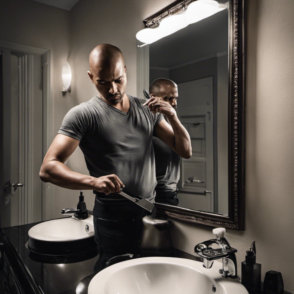 An image capturing a person standing in front of a bathroom mirror, razor in hand, with a reflection showcasing their determined expression as they carefully shave their own head, capturing the intensity and precision required