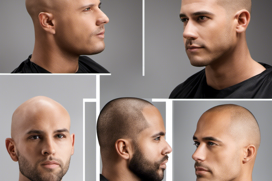 An image showcasing a progression of hair growth after shaving a head, capturing the transformation from a smooth scalp to stubble, followed by short, medium, and long hair stages, illustrating the time it takes for hair to grow back