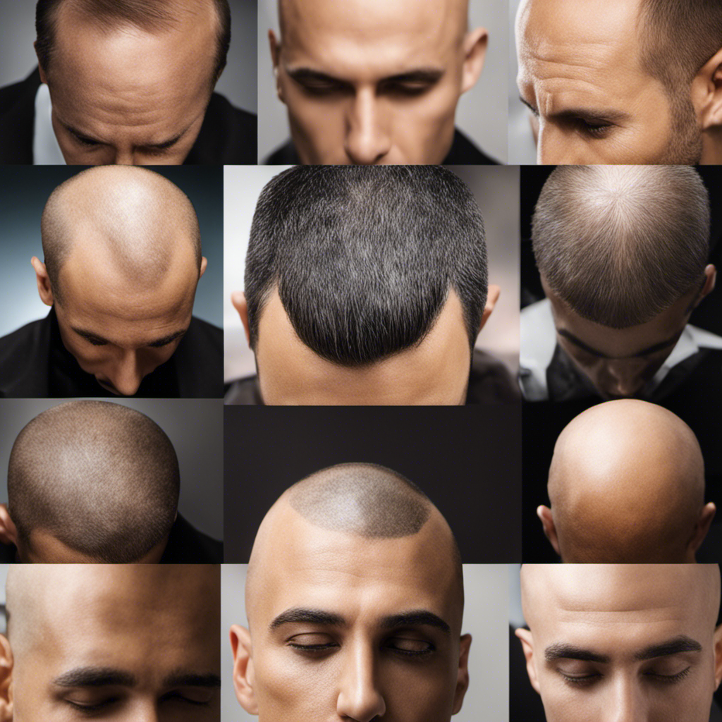 An image showcasing the hair growth process after shaving a head: a close-up shot of a freshly shaven head with tiny, emerging hair follicles, gradually transforming into a lush head of hair over time