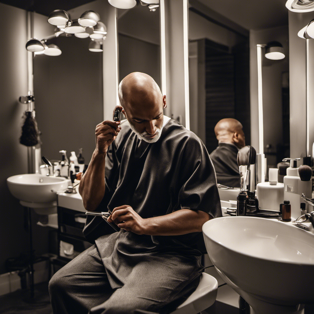 An image capturing the process of shaving a head with a razor: A person seated in a well-lit bathroom, surrounded by shaving tools, meticulously gliding a sharp razor against their scalp, with smooth, clean strokes