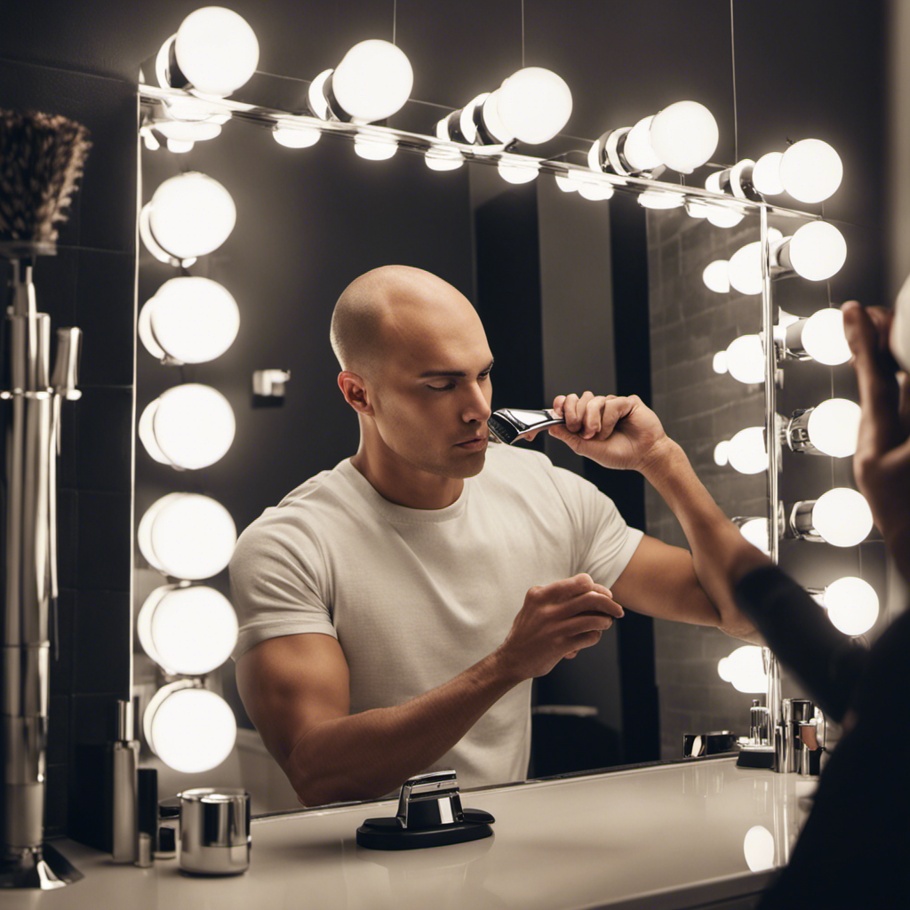 An image of a person sitting in front of a bathroom mirror, holding an electric razor