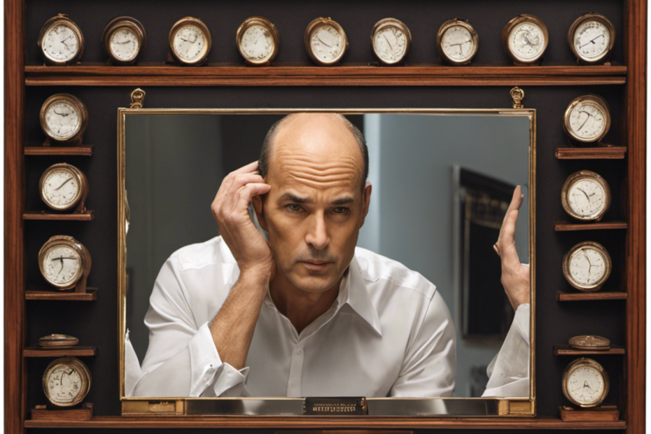 An image showcasing a man gazing at his reflection in a mirror, his receding hairline visible