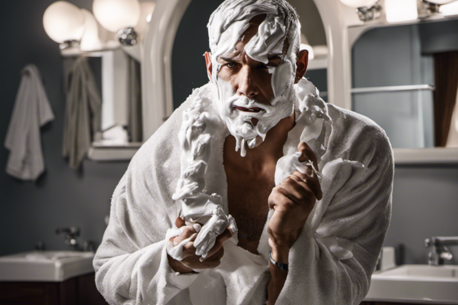 An image showcasing a man in front of a bathroom mirror, his face covered in shaving cream, while holding a razor poised to shave his face and head