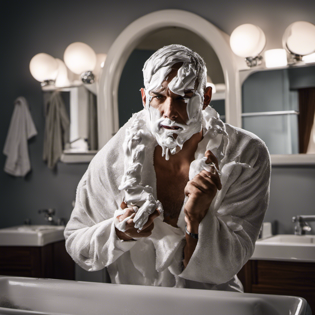 An image showcasing a man in front of a bathroom mirror, his face covered in shaving cream, while holding a razor poised to shave his face and head