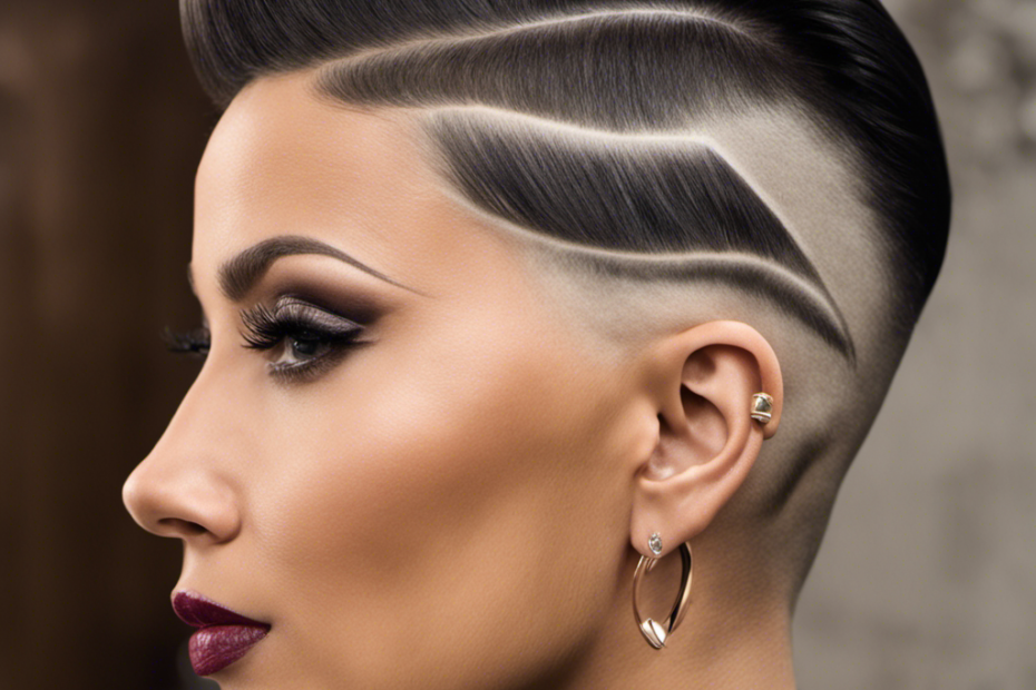 An image that showcases the art of head shaving, depicting a close-up of a woman's head with a precisely tapered fade, revealing a flawlessly groomed side undercut