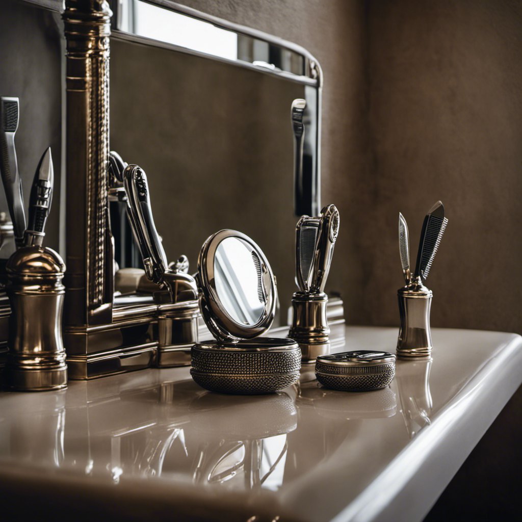 An image that showcases a collection of different razors, each with varying degrees of wear and tear, placed neatly on a bathroom countertop