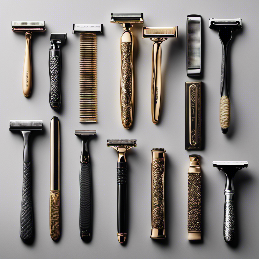 An image that showcases a collection of seven different razors, meticulously arranged in a row, each one progressively worn down