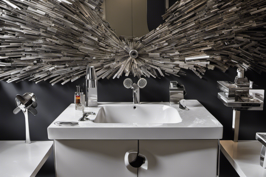 An image of a bathroom sink filled with numerous discarded razor blades, surrounded by a collection of different hair clippers, each bearing different shades and lengths of hair