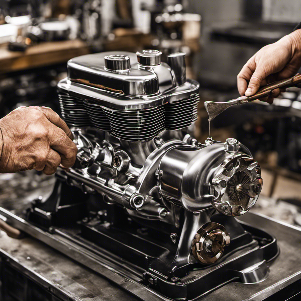 An image showcasing the precise process of shaving a 1932 Chevrolet 194 engine head