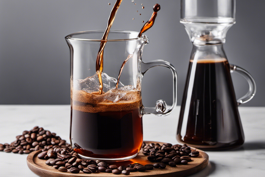 An image featuring a glass filled halfway with rich, dark coffee liqueur, while beside it, a transparent measuring cup precisely pouring an equal amount of aromatic coffee extract, showcasing the perfect substitution ratio
