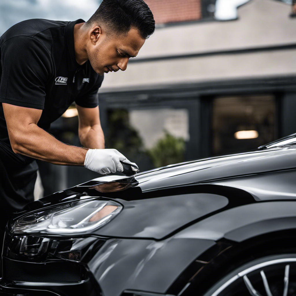 An image capturing the precise moment an expert car detailer skillfully shaves off a thin layer from the glossy hood, revealing a sleek, rejuvenated surface underneath, symbolizing the transformative power of car maintenance