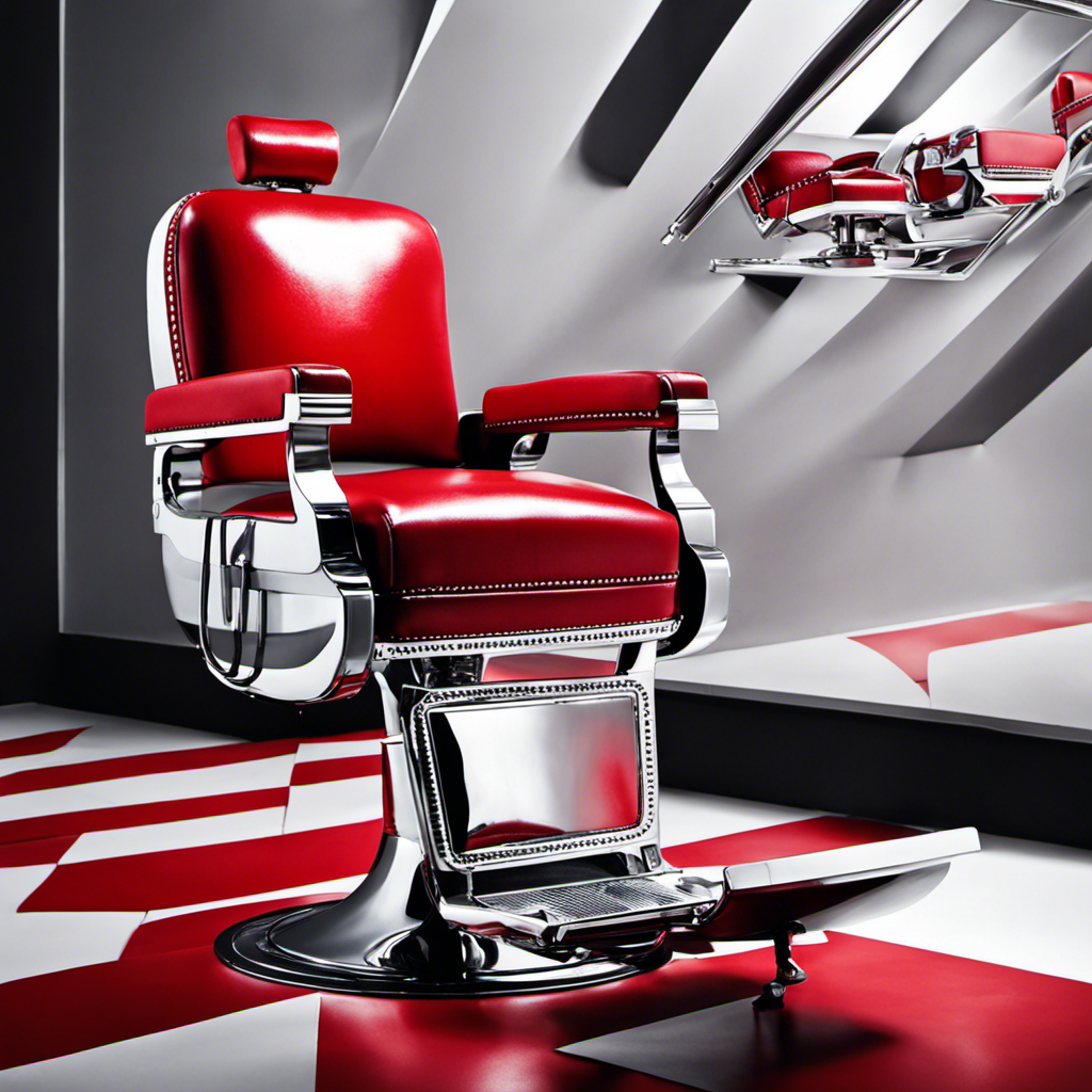An image of a barber chair covered in a vibrant red leather, with a sleek silver barber pole in the background