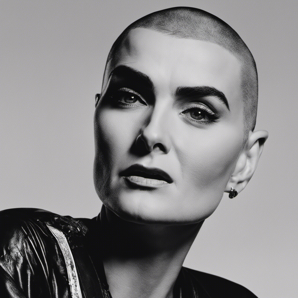 An image capturing the essence of Sinead O'Connor's iconic head-shaving moment: a close-up of her confident face, eyes gleaming with determination, as she holds a razor poised above her luscious, flowing tresses