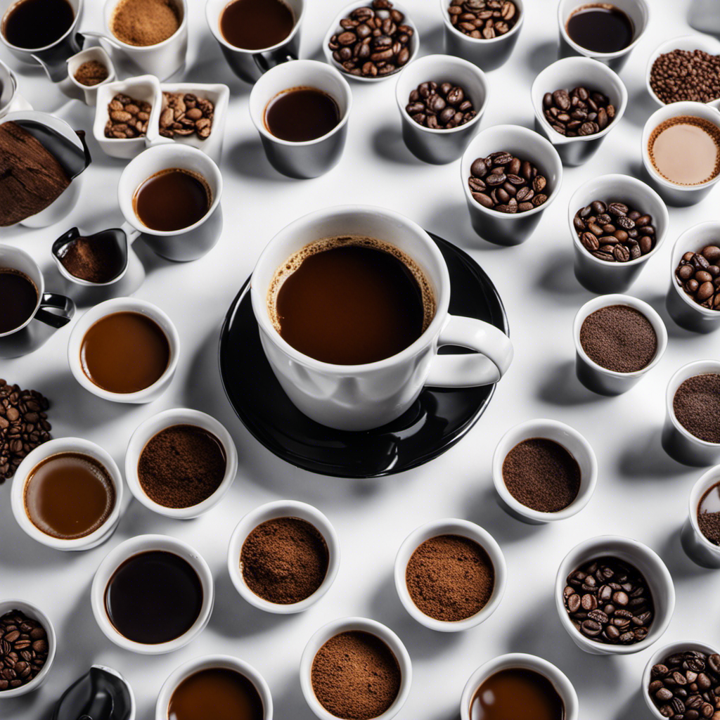 An image that showcases a shot glass filled with rich, dark espresso, surrounded by various coffee mugs filled with steaming, robust coffee