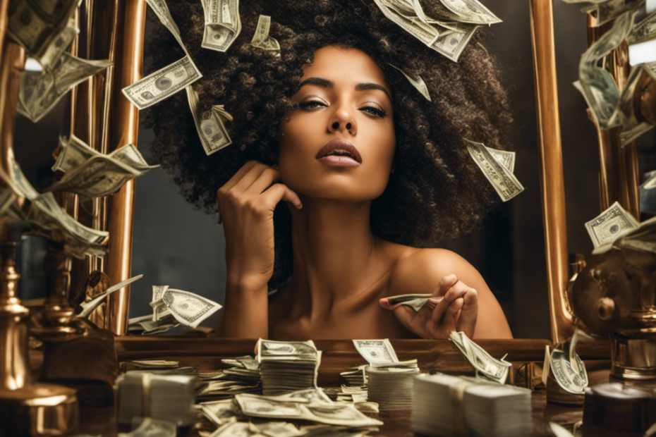An image showcasing a close-up of a young woman's reflection in a mirror, capturing the intense focus in her eyes as she shaves her head, surrounded by scattered locks of hair and a pile of money on the vanity